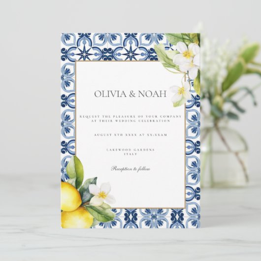 Mediterranean Lemon Tiles Wedding Einladung (Stehend Vorderseite)