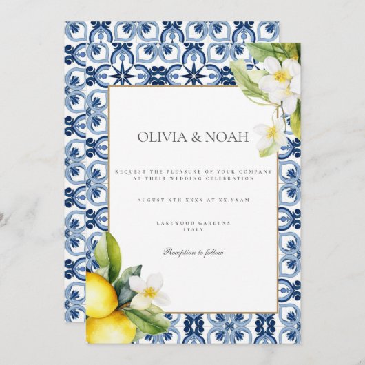 Mediterranean Lemon Tiles Wedding Einladung (Vorne/Hinten)