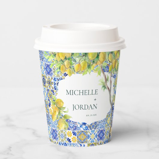 Mediterranean Lemon Tiles Wedding Pappbecher (Rückseite)