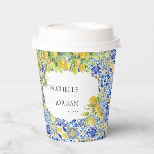 Mediterranean Lemon Tiles Wedding Pappbecher (Vorderseite)