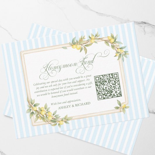 Mediterranean Lemon Wedding Honeymoon Fund QR Code Begleitkarte