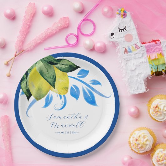 Mediterranean Lemon Wedding Table Decor Blue Pappteller (Party)