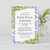 Mediterranean Lemons Blue Mosaic Tile Wedding Einladung (Stehend Vorderseite)