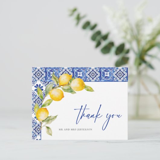 Mediterranean Lemons Blue Tiles Wedding Vielen Dan Postkarte (Stehend Vorderseite)