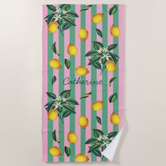 Mediterranean Lemons Pink Green Stripes Name Strandtuch (Vorderseite)