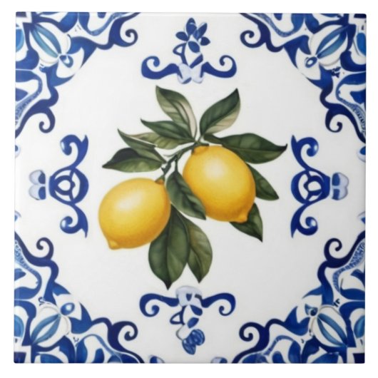 Mediterranean Lemons with Blue and White Border Fliese (Vorderseite)
