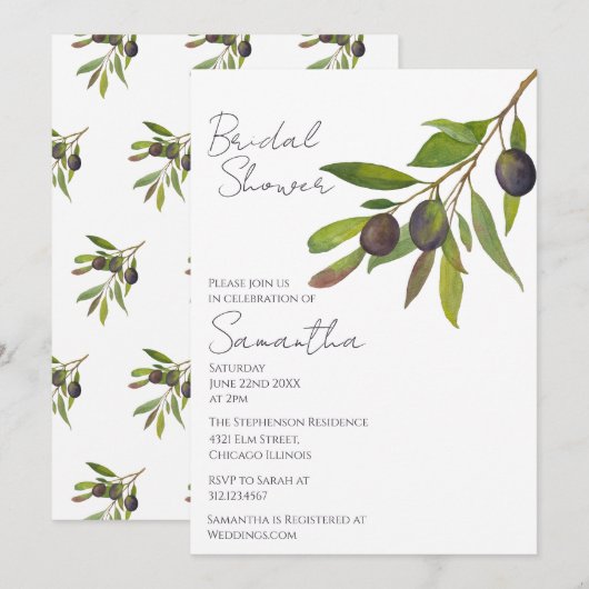 Mediterranean Minimal Olive Branch Bridal Shower   Einladung (Vorne/Hinten)