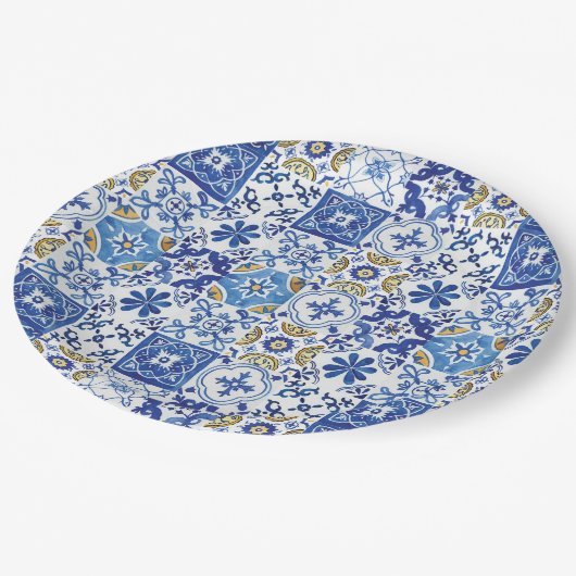 Mediterranean Mosaic Tiles Blue Birthday Party Pappteller (Schrägansicht)