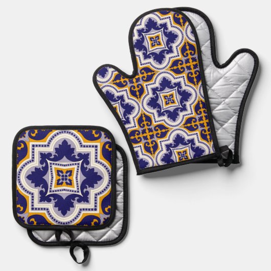 Mediterranean Pattern Kitchen Ofenhandschuh & Topflappen-Set (Vorderseite/Rückseite)