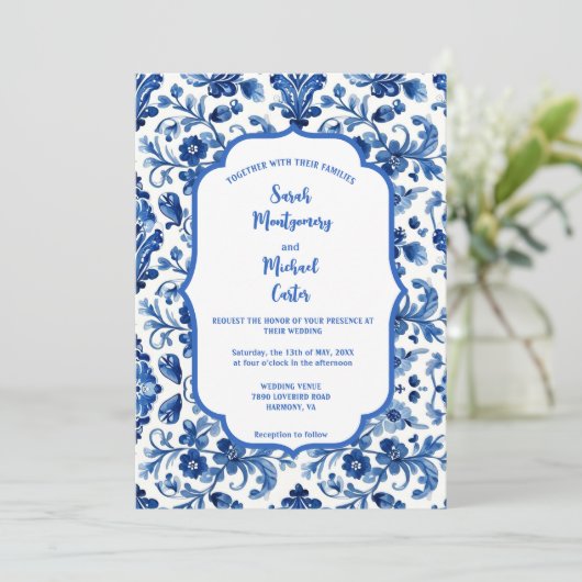 Mediterranean Portuguese Blue Tile Custom Einladung (Stehend Vorderseite)