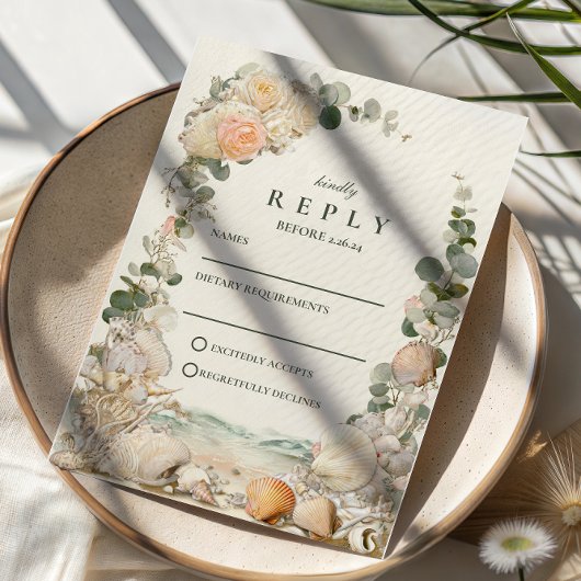 Mediterranean Seashell Botanical Wedding RSVP Karte