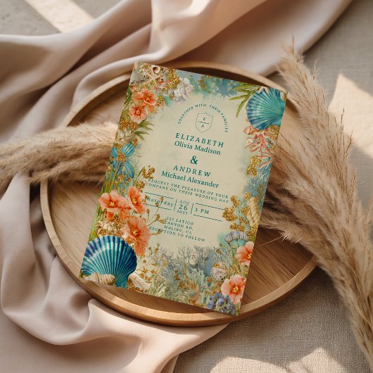 Mediterranean Seashell Elegance Wedding Einladung
