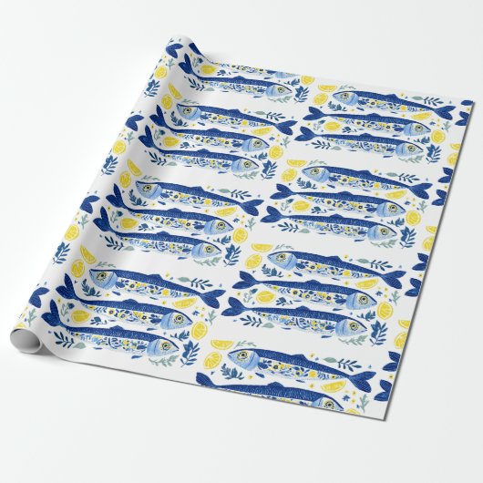 Mediterranean Summer Blue and Yellow Sardines Geschenkpapier (Ungerollt)