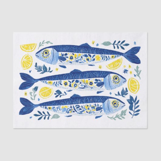 Mediterranean Summer Blue and Yellow Sardines Seidenpapier (Vorderseite)