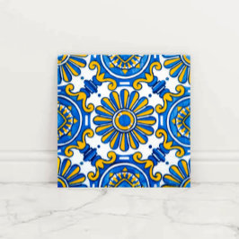 Mediterranean Sunburst Blue and Gold Floral Mosaic Fliese