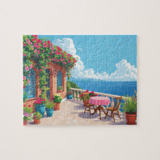 Mediterranean Terrace Ocean View Coastal Art Puzzle