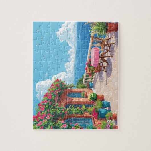 Mediterranean Terrace Ocean View Coastal Art Puzzle (Vertikal)