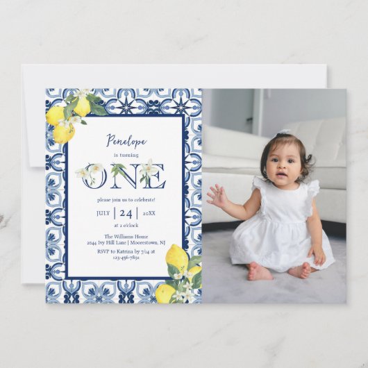 Mediterranean Tile Lemon Baby Girl Erster Geburtst Einladung (Vorderseite)
