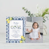 Mediterranean Tile Lemon Baby Girl Erster Geburtst Einladung (Stehend Vorderseite)