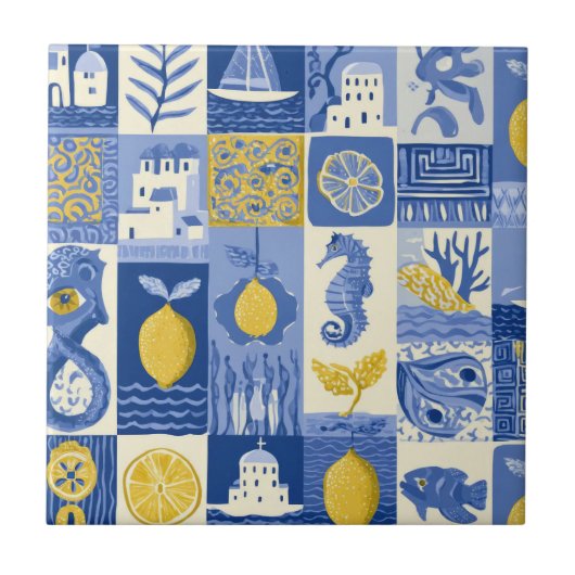 Mediterranean Tile Lemon Coastal Pattern Fliese (Vorderseite)