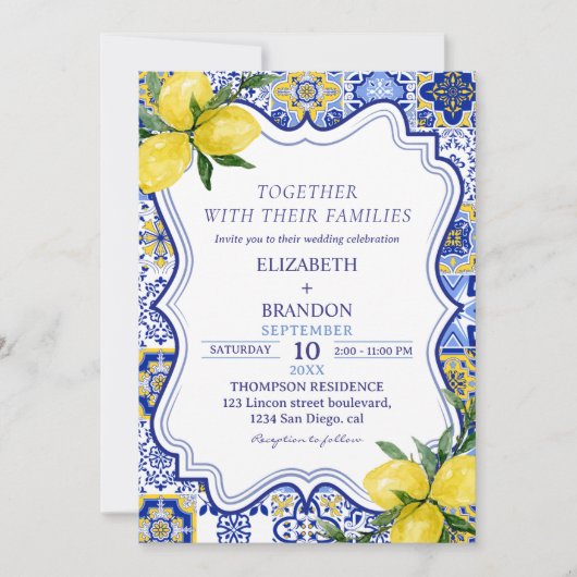 Mediterranean Tile Wedding with Lemons Einladung (Vorderseite)