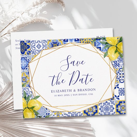Mediterranean Tile Wedding with Lemons Postkarte