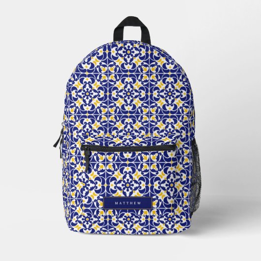 Mediterranean Tiles Blue & Yellow Pattern Bedruckter Rucksack (Vorderseite)