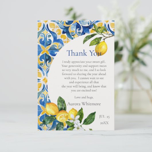 Mediterranean Tiles Lemon 25. Geburtstag Dankeskarte (Stehend Vorderseite)