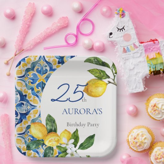 Mediterranean Tiles Lemon 25. Geburtstag Pappteller (Party)