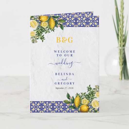 Mediterranean Tiles Lemon Wedding Order of Service Programm (Vorderseite)