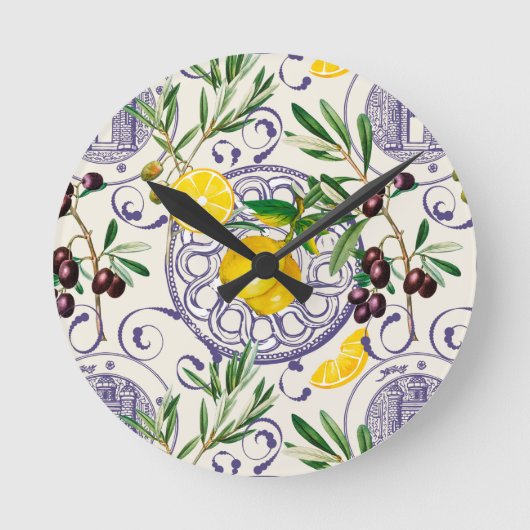 Mediterranean,Tuscan style,olives,pattern Runde Wanduhr (Vorderseite)