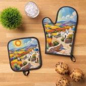 Mediterranean Village Painting Ofenhandschuh & Topflappen-Set (Oben Unten)