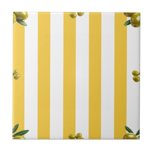 Mediterranean Yellow Stripe Pattern Olives Fliese (Vorderseite)