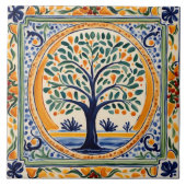 Mediterraner Baum Rustikales Blau und Gelbe Folk K Fliese (Vorderseite)