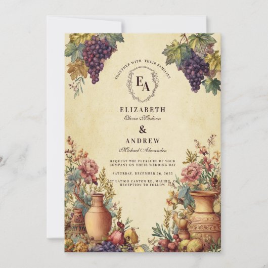 Mediterraner Garten Grapevine Romantik Einladung (Vorderseite)