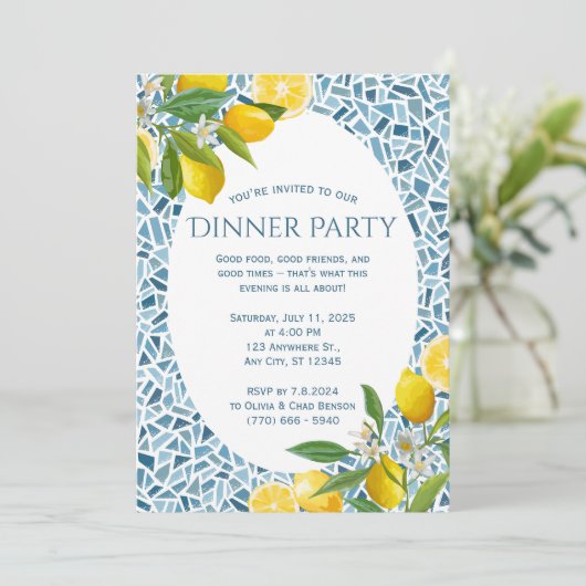 Mediterranes Abendessen Party Blaues Mosaik Tile Save The Date (Stehend Vorderseite)