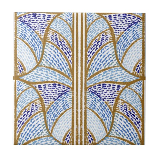Mediterranes Blau. & Gold Mosaik Muster Fliese (Vorderseite)