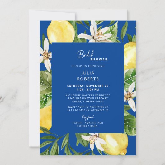 Mediterranes Blau und Gelb Brautparty Invita Einladung (Vorderseite)