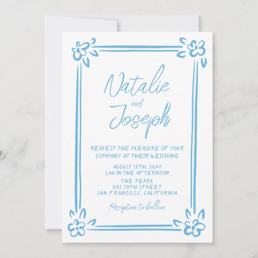 Mediterranes blauer handgeschriebenes Gezeichnet F Einladung (Vorderseite)