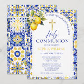 Mediterranes blaues Tiles Lemon 1. Heilige Kommune Einladung (Vorne/Hinten)