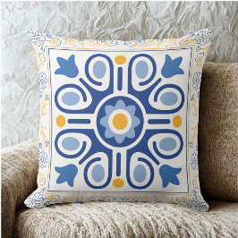 Mediterranes Blue & Gold floral Tile Kissen
