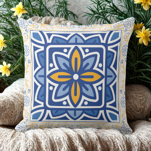 Mediterranes Blue & Gold Floral Tile Retro Kissen
