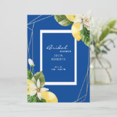 Mediterranes Brautparty mit blauen und gelben Zitr Einladung (Stehend Vorderseite)