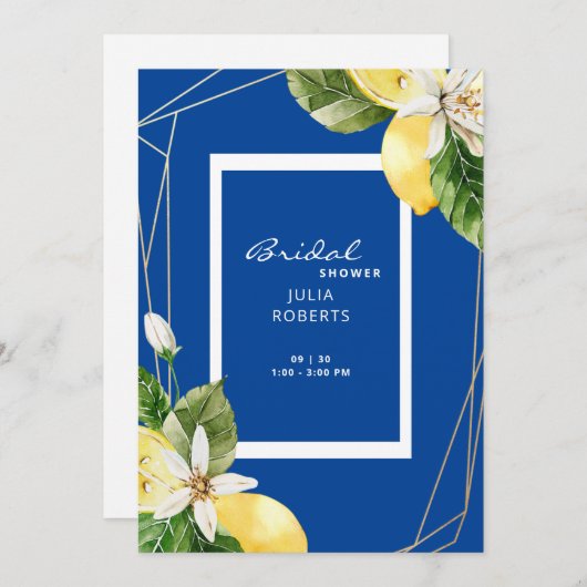 Mediterranes Brautparty mit blauen und gelben Zitr Einladung (Vorne/Hinten)