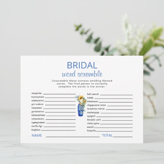 Mediterranes Brautparty Word Scramble Game Einladung (Stehend Vorderseite)