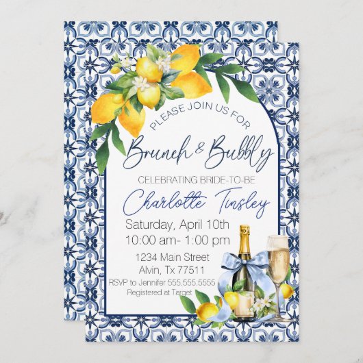 Mediterranes Brunch & Bubbly Brautparty Einladung (Vorne/Hinten)