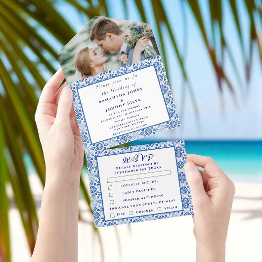 Mediterranes Fliesen Portugiesisches Foto Hochzeit All In One Einladung