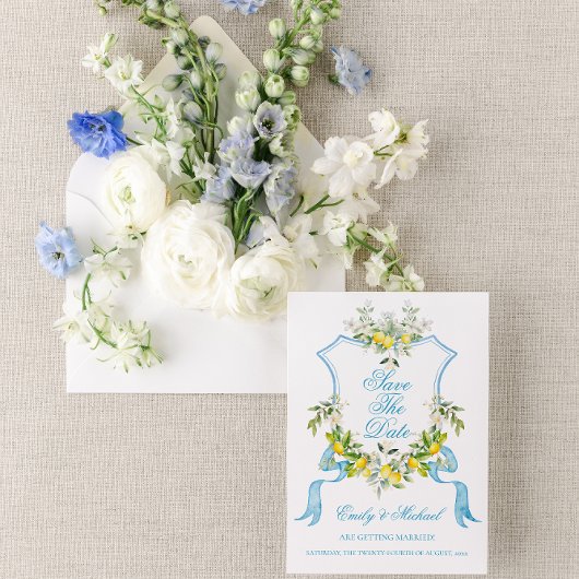 Mediterranes Foto/Wappen Hochzeit retten Datum Einladung