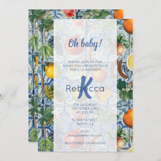 Mediterranes Frucht Blaues Mosaik Babydusche Einladung (Vorne/Hinten)