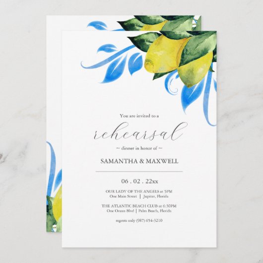 Mediterranes Hochzeitsessen Lemon Probe Einladung (Vorne/Hinten)